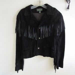 Vintage Ralph Lauren COUNTRY Goat Suede fringe Jacket SZ 12 USA Antler Buttons